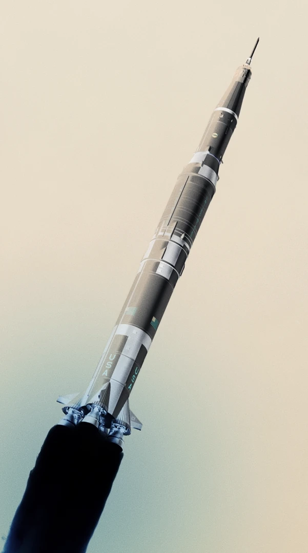 Saturn V en ángulo de lanzamiento, render CGI BM Produccions