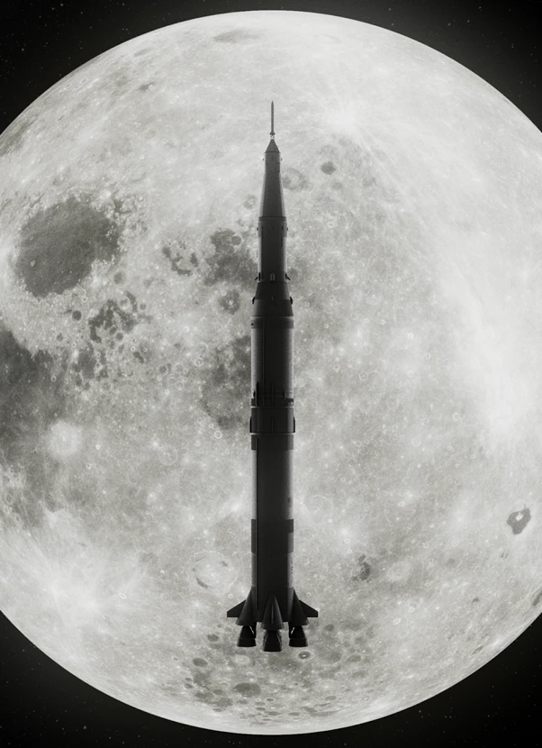 Saturn V en silueta ante la luna llena, render CGI BM Produccions